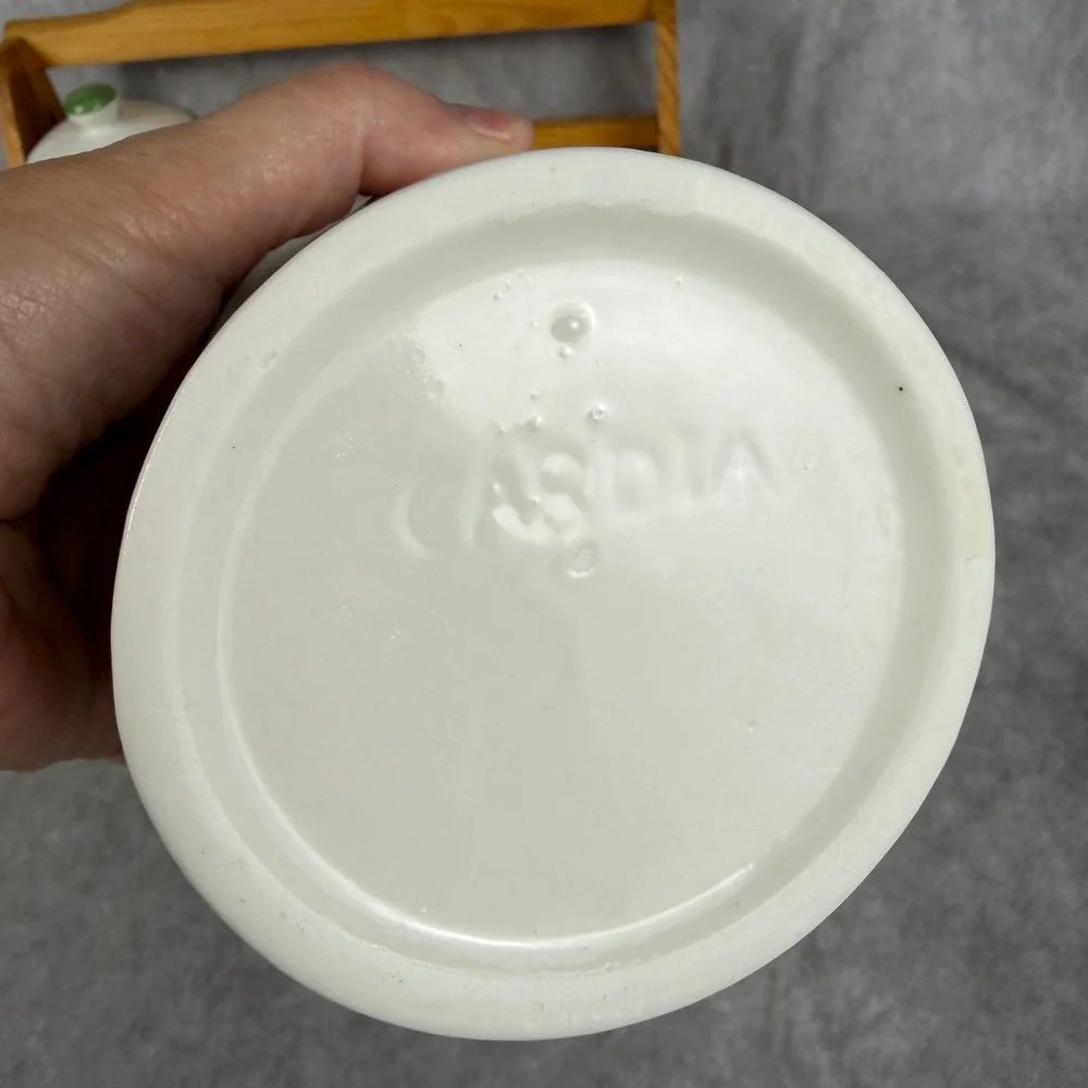 Vtg Casdia Ceramic Cow Canister Set 4Pc Wood Hanging Rack Coffee Sugar Tea Farm